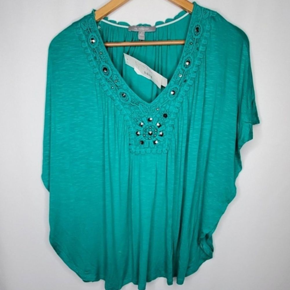 NY Collection Crochet Lace Beaded Poncho Blouse Green M